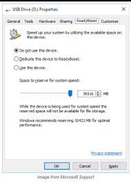 Image of Windows 10 ReadyBoost properties menu